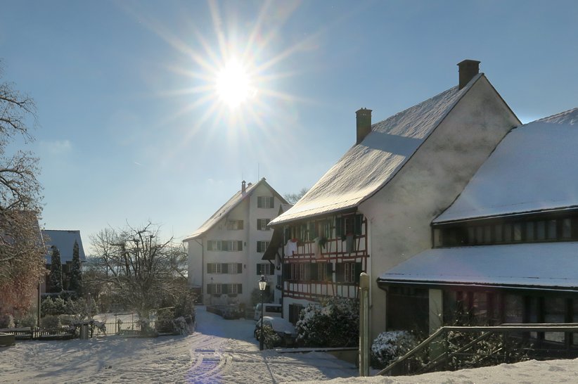 mit Landenberghaus (Gemeindesaal), Pfarrhaus und Haus Greifenstein.