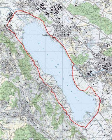 Radweg 19.340 km lang (Punkt 0/19.340 km beim Ländlihölzliparkplatz in Greifensee). Mit dem Rad kann der See in rund    
1 bis 1 1/2 Stunden umrundet werden. 