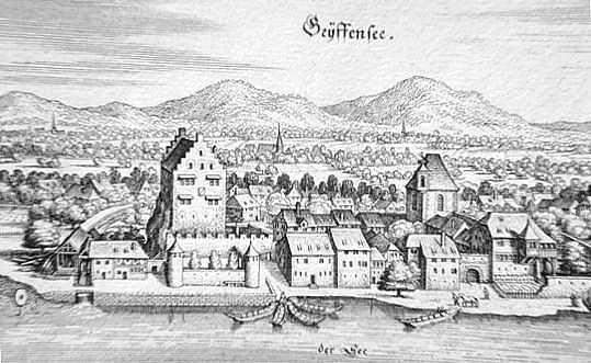 Eine der ältesten Ansichten von Greifensee. Stich von M.Merian, 1593 - 1650.