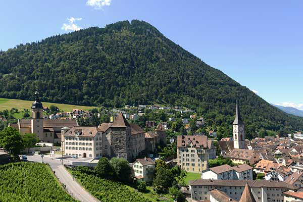Der Bischofssitz des Bistums Chur mit der Kathedrale (links) und ein Teil der Altstadt mit der Kirche St. Martin. 