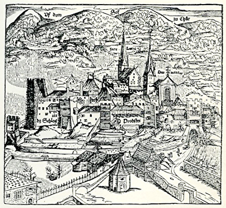 Der Holzschnit trägt die Überschrift Uf dem Hof zu Chur und zeigt den Hofbezirk. Einzelne Gebäude wie das Schloss oder die Probstei sind beschriftet.
