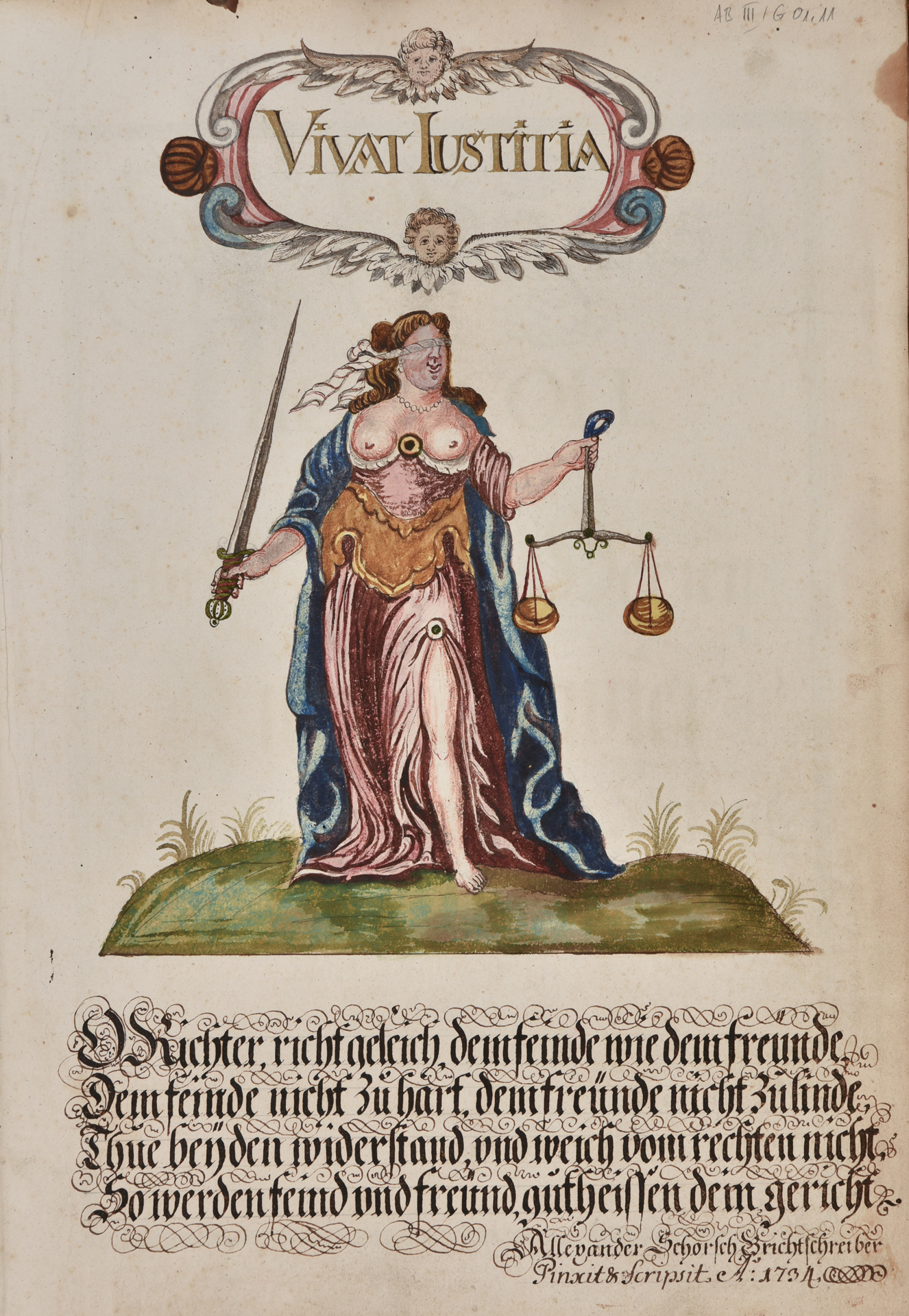 Zeichnung der Justitia im
«Statt-Gerichts-Protocoll» von 1734–1763
(AB III/G 01.11) mit reich verziertem Text.
(StadtAC, F 08.196, Foto Stephan Schenk,
2024).