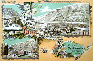 Farbige Postkarte mit gezeichneten Darstellungen der verschneiten Stadt Chur, um 1900: Hof mit Kathedrale, Plessur mit dem Rätischen Volkshaus, Sicht über die ganze Stadt mit Calanda im Hintergrund.