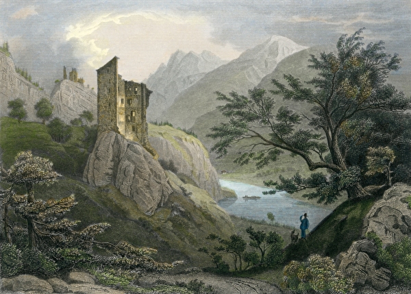 Die Ruinen Haldenstein und Lichtenstein von Südwesten. Ludwig Rohbock, um 1847 (Stadtarchiv Chur, G I/1.0001.444).