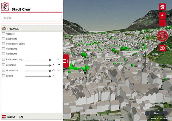 Bildschirmausschnitt des 3D-Stadtplanes