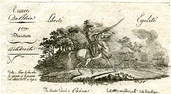 Stich mit einem General hoch zu Ross, auf dem Kopf ein Zweispitz, in der Hand den gezückten Säbel, im Hintergrund ein Wald und eine Kanone.