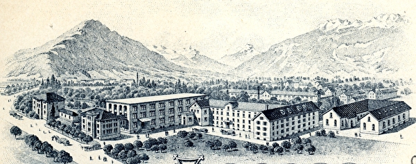 Die Firma Chocolat Müller & Bernhard wurde 1893 von Charles Müller und Carl Georg Bernhard gegründet und später in Chocolat Grison umbenannt, Fabrikgebäude nach 1905 (Stadtarchiv Chur, BD V/1.124.023).