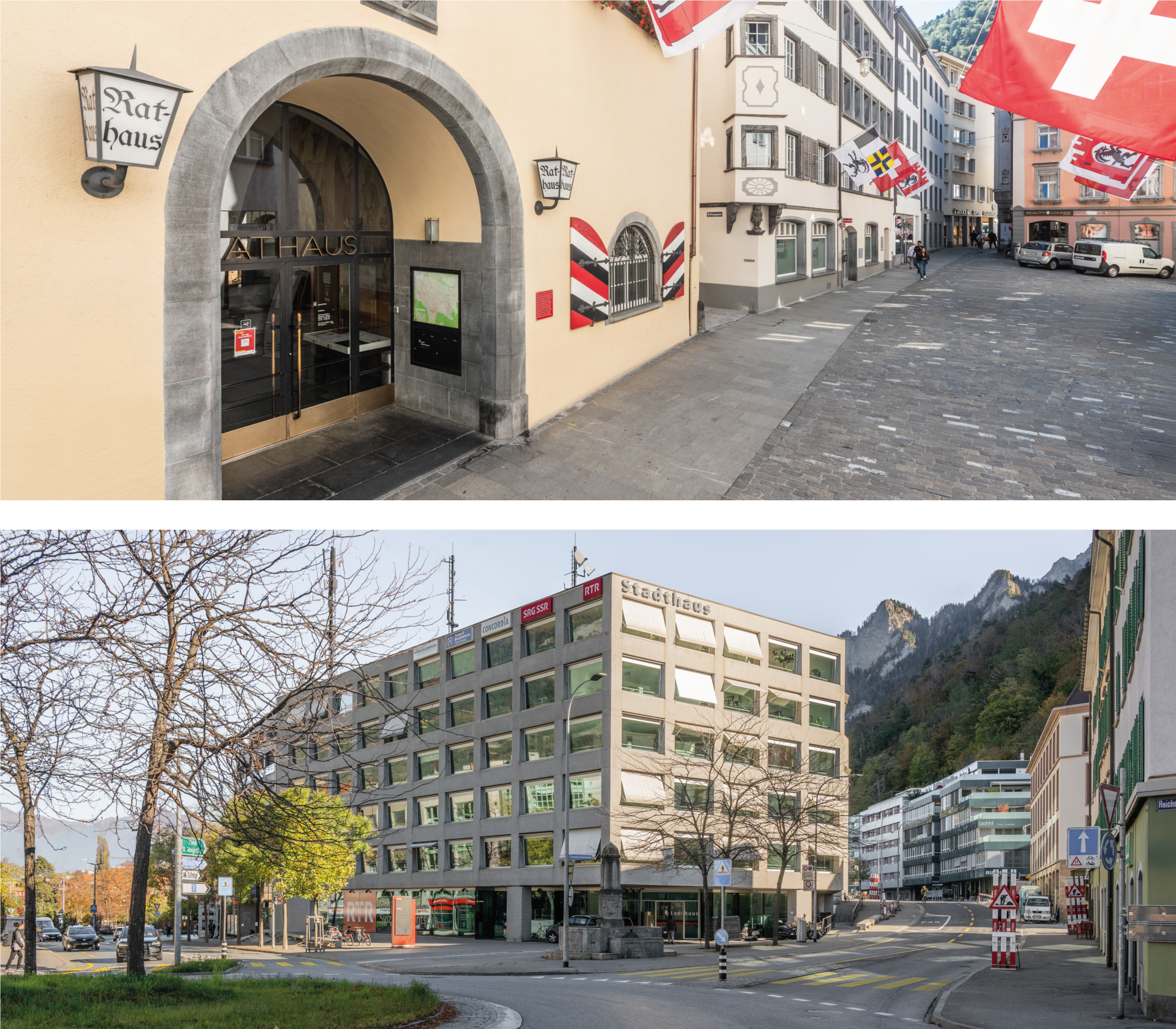 Das Rathaus (oben) und das Stadthaus.