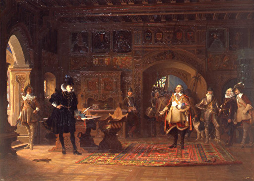 In einem hohen Raum mit kunstvoller Decke und geschmücktem Boden und Wänden stehen sich der schwarz gewandete, bleiche Duc de Rohan und der hell beleuchtete, vor Kraft strotzende Jenatsch in rotem Umhang und hohen Stiefeln gegenüber. Mehrere weitere Personen sowie ein Hund befinden sich im Hintergrund der Szene.