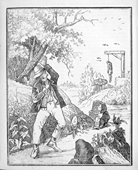 historischer Holzschnitt: Passant erschrickt bim Anblick eines am Galgen hängenden Leichnams. 