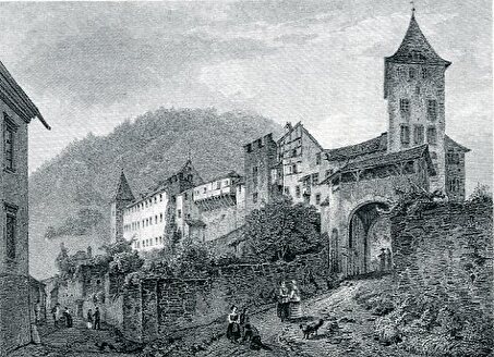 Der Stich zeigt den Hofbezirk mit Hofsteig und und Hofturm, davor das Brillentor, ein hohes, schmales Gebäude mit Durchfahrt, unter dem Dach ein offener Gang.