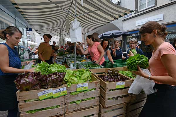 Der samstägliche Wochenmarkt in der Oberen und Unteren Gasse