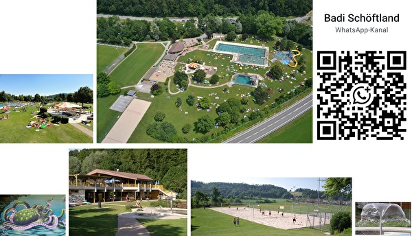 Becken und Areal / Gebäude im Schwimmbad Rütimatten / Flugaufnahme inkl. QR-Code