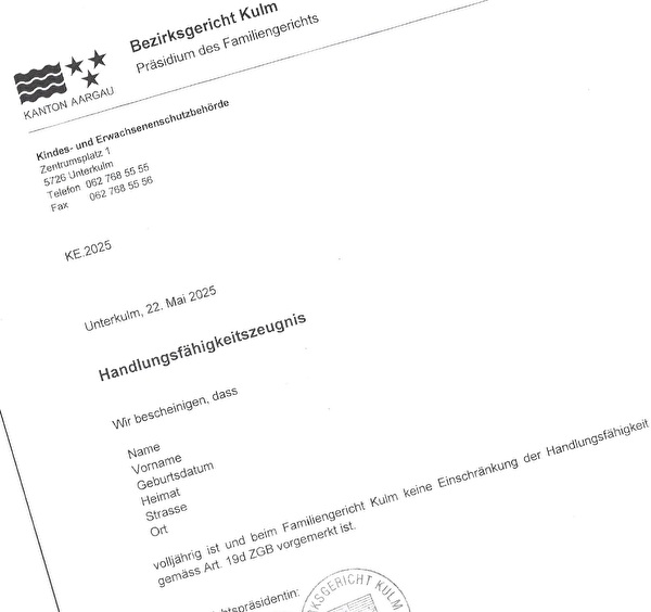 Handlungsfähigkeitszeugnis - Muster/Beispiel