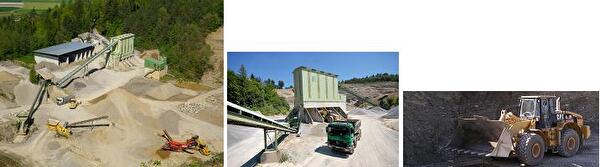 Kies- und Sandwerk Hubel - Übersicht / Gebäude mit Pneulader und Lastwagen / Pneulader