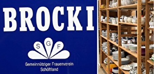 Brocki SGF Logo; Gestell mit Geschirr in der Brocki Schöftland