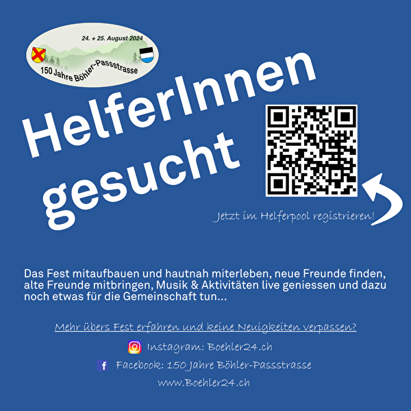 150 Jahre Böhler-Passstrasse - Fest-Logo / Helfer/innen-Suche mit Infos und QR-Code