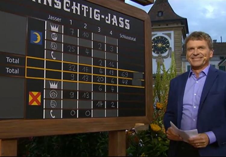 Donnschtig-Jass Schiedsrichter Dani Müller verliest die Differenzpunkte