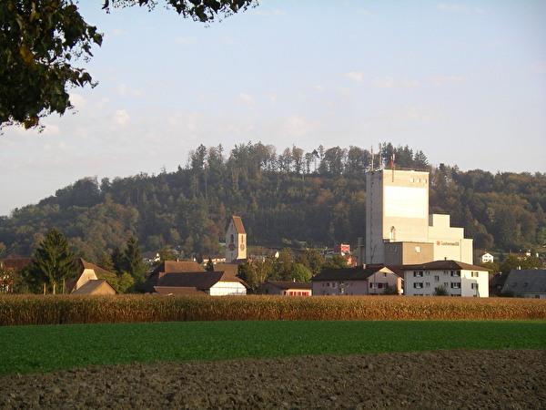 Dorfansicht mit Kirchturm, Silo und Mühle(Areal)