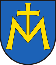 Hintergrund blau, gelbes M mit Kreuz in der Mitte