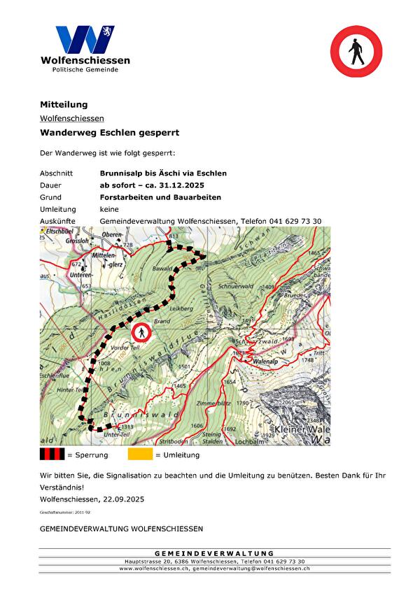 Mitteilung Wanderwegsperrung Brunniusalp bis Äschi via Eschlen
