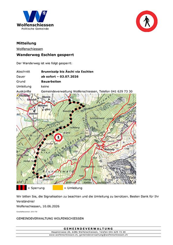 Wanderweg Eschlen gesperrt