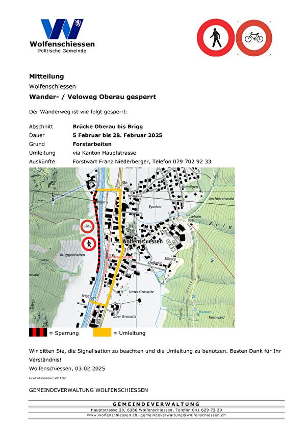 Mitteilung Wanderwegsperrung Gebiet Oberau