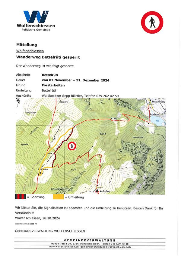 Wanderweg Bettelrüti gesperrt