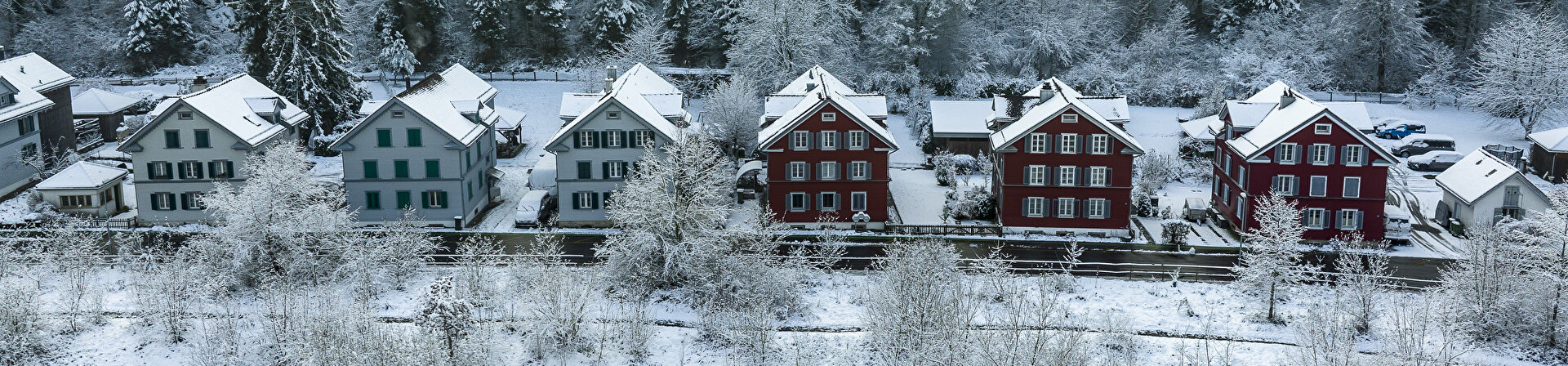 Das Bild zeigt eine winterliche Landschaft und winterliche Häuser in Cham