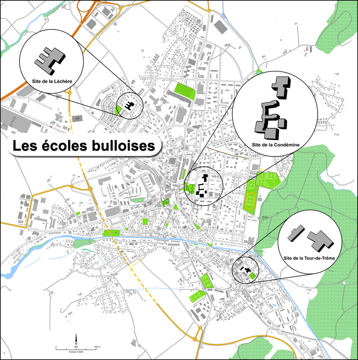 Plan de la Ville de Bulle avec emplacement des écoles primaires