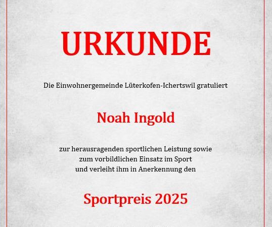 Sportpreisurkunde Noah Ingold