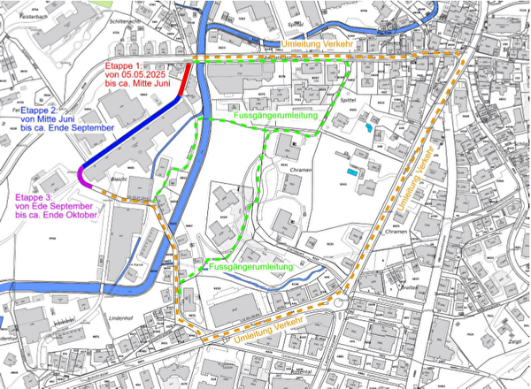 Plan der Verkehrsführung an der Jonastrasse während der Bauarbeiten