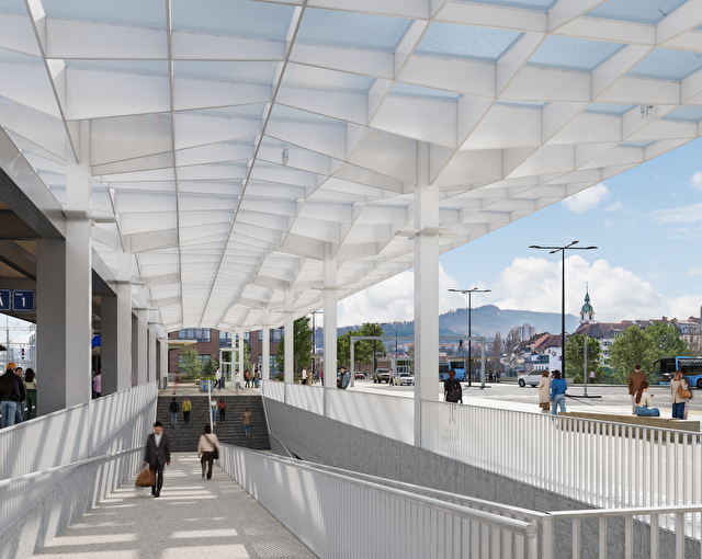 Blick über die neue Rampenanlage unter dem «Stadtdach» in Richtung Altstadt