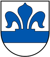 Pfeffinger Wappen. Blauer Balken mit aufgesetzter halber blauer Lilie auf silbernem Grund. 