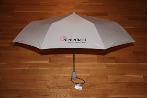 hellgrauer Schirm mit Logo der Gemeinde Niederhasli