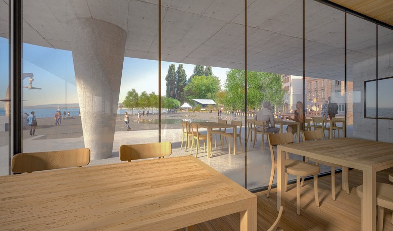 Ein ansprechender Lösungsvorschlag: Das neue Restaurant mit Blick auf den Hafenplatz …