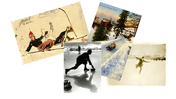 Vier nostalgische Postkarten mit Wintersportmotiven