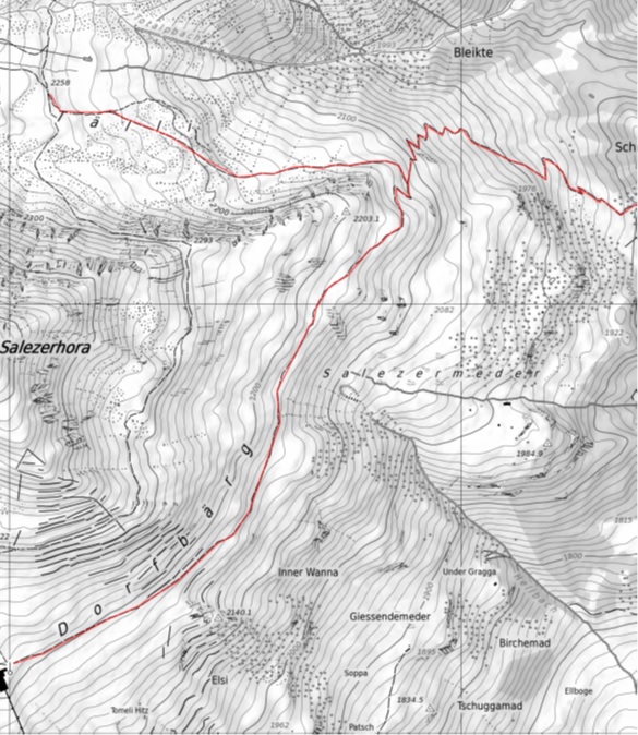 Kartendarstellung zur Wanderwegsperrung vom Höhenweg und vom Meierhofer Tälli zur Meierhoferalp