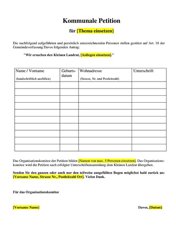 Vorlage zur Erstellung eines Unterschriftsbogens für eine Petition