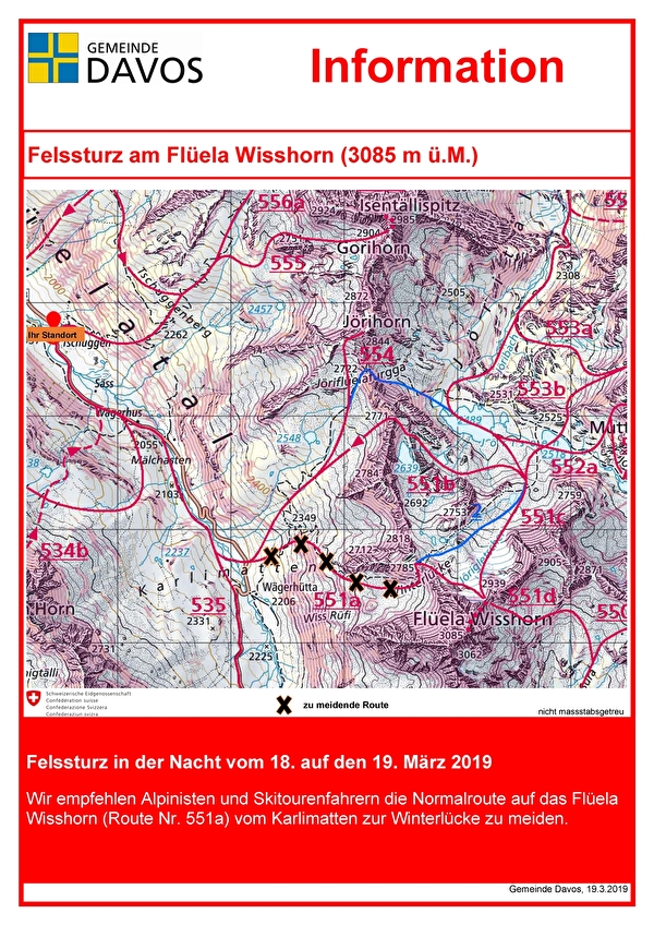 Infoplakat zum Felssturz vom Flüela Wisshorn im März 2019