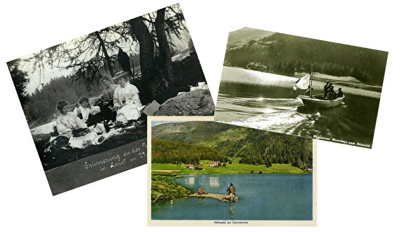 Bild und zwei Postkarten mit See, Picknick, Motorboot und Fischern