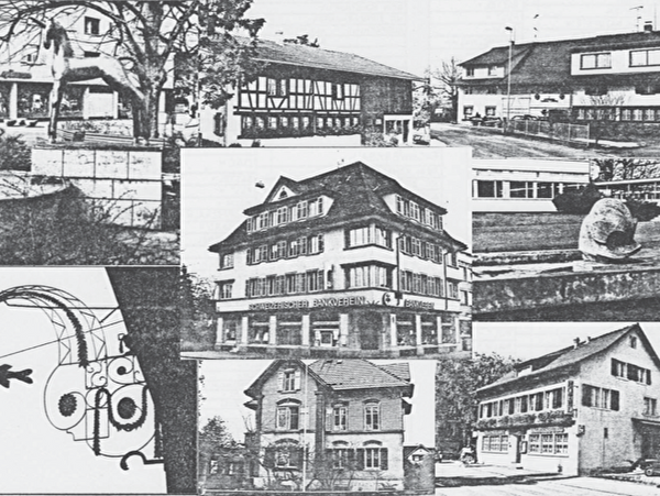 Collage verschiedener schwarz-weiss Fotos von Gebäuden und Brunnen aus dem Erstinventar