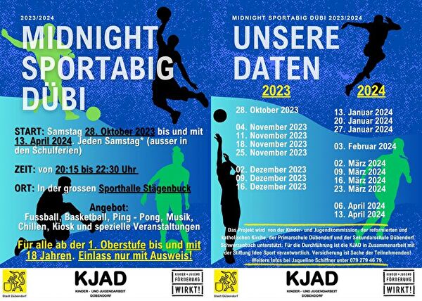 Farbiger Flyer für den Midnight Sportabig in Dübendorf 2023