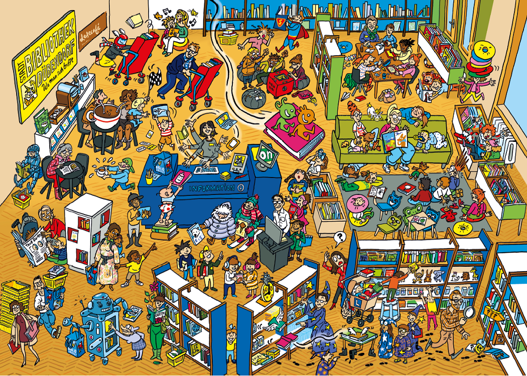 Wimmelbild Stadtbibliothek