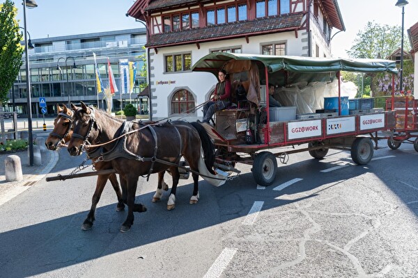 Das Baarer Rösslitram vor dem Rathaus