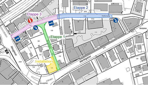 Der Plan zeigt die drei Etappen der Sanierung Falkenweg und Florastrasse.