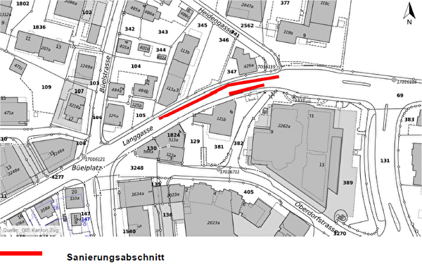 Ortsplan vom Gebiet Büelplatz Langgasse, auf dem der Abschnitt zu sehen ist, in dem die Langgasse saniert wird.