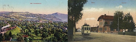 Postkarte mit Bahnhof und Postkarte mit Viadukt