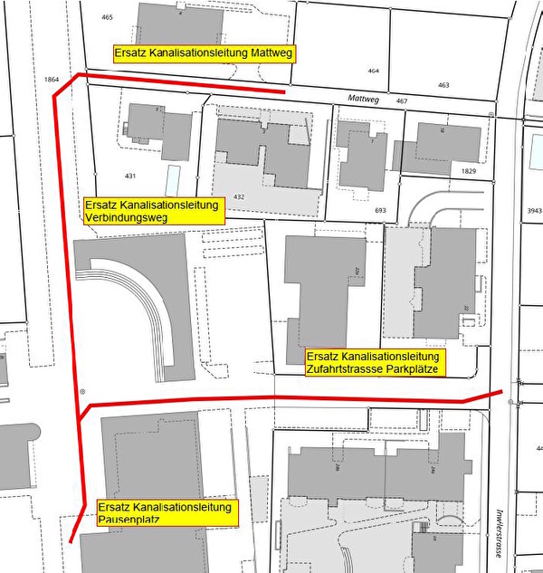 Plan der Umgebung Sternmatt 2, auf dem die Kanalisationsleitung eingezeichnet ist, die saniert werden soll.