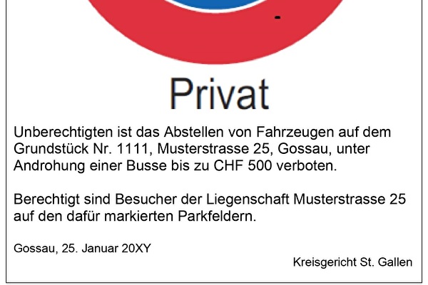 Beispiel Signaltafel für privates Parkverbot